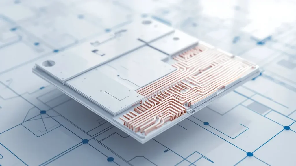 High-precision DPC ceramic PCB board manufactured by Shenzhen Hongda Circuit, featuring direct electroplated copper tracks on a white ceramic core.