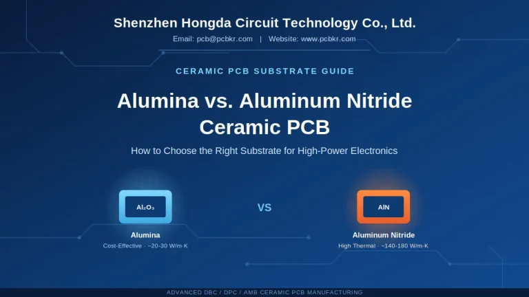 Ceramic PCB manufacturer Hongda Circuit comparison guide cover showing Alumina vs Aluminum Nitride substrates thermal conductivity.