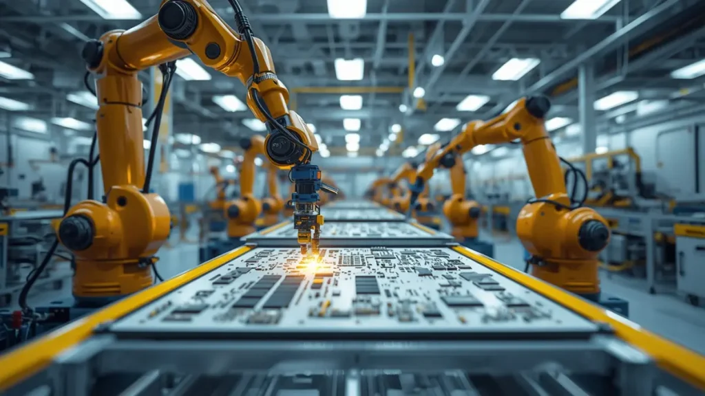 Automated robotic arms executing high-precision laser drilling on ceramic PCB board production line at Shenzhen Hongda Circuit factory.