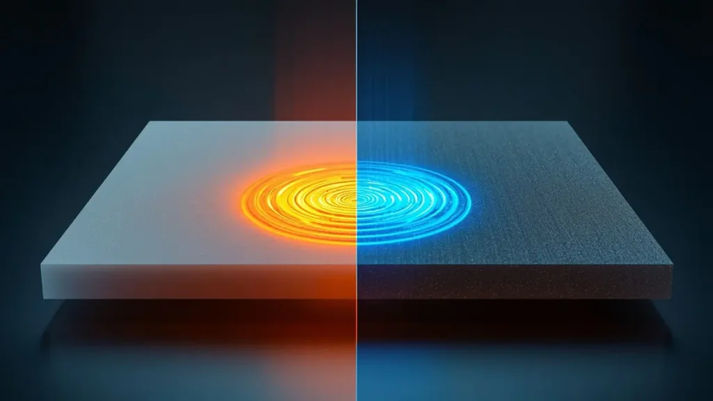 Thermal imaging comparison of ceramic PCB board substrates showing high heat dissipation efficiency of Aluminum Nitride versus Alumina under test.