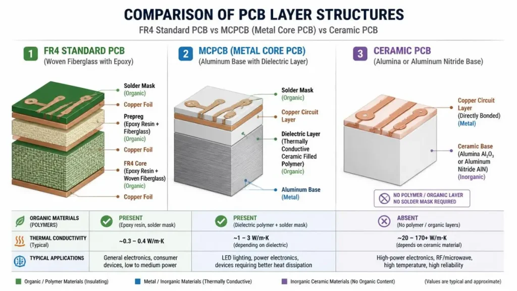 A technical infographic comparing cross-section layer structures of FR4, MCPCB, and Ceramic PCBs, highlighting the absence of organic polymer layers in ceramic substrates and showcasing their typical thermal conductivity values.