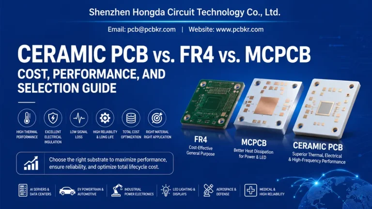 Ceramic PCB vs FR4 vs MCPCB cost and performance selection guide infographic by Shenzhen Hongda Circuit Technology Co., Ltd.