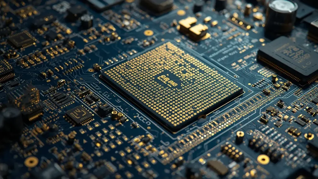 Ultra-close-up of complex enterprise server PCB featuring brilliant immersion gold finish, fine-pitch BGA pads, and blue soldermask