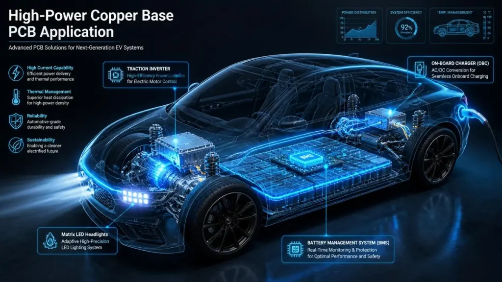 Futuristic 3D X-ray blueprint of an electric vehicle chassis showcasing high-power copper base PCB for automotive and EV applications, highlighting key thermal management zones including the traction inverter, on-board charger (OBC), battery management system (BMS), and matrix LED headlights with HUD performance graphics.