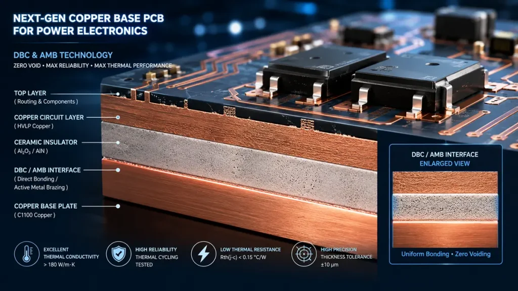 A professional 3D technical illustration and cross-section cutaway showing the layer stackup, ceramic insulator, and DBC/AMB uniform bonding interface of a Next-Gen Copper Base PCB for Power Electronics.