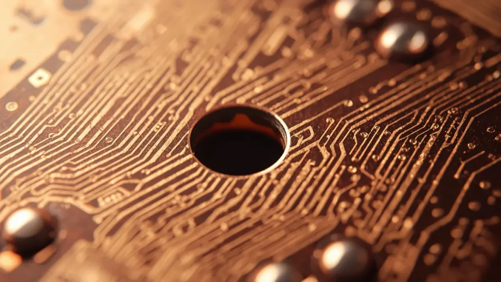 Copper base PCB manufacturing process showing a microscopic macro shot of a perfectly drilled via hole with smooth walls and precise circuit traces.