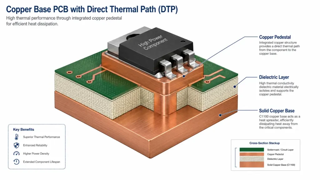 3D isometric cross-section of a Copper Base PCB showing Direct Thermal Path (DTP) technology with an integrated copper pedestal and high-power component