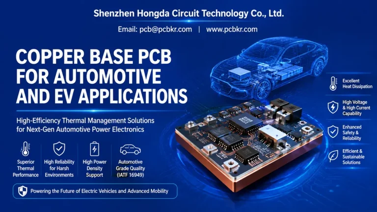 High-performance copper base PCB for automotive and EV applications manufactured by Shenzhen Hongda Circuit Technology, showcasing advanced thermal management for electric vehicle power electronics.