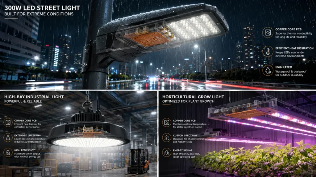 A high-tech infographic collage with semi-transparent ghosted views revealing internal copper base PCB for LED lighting inside a 300W street light, an industrial high-bay lamp, and a horticultural grow light.
