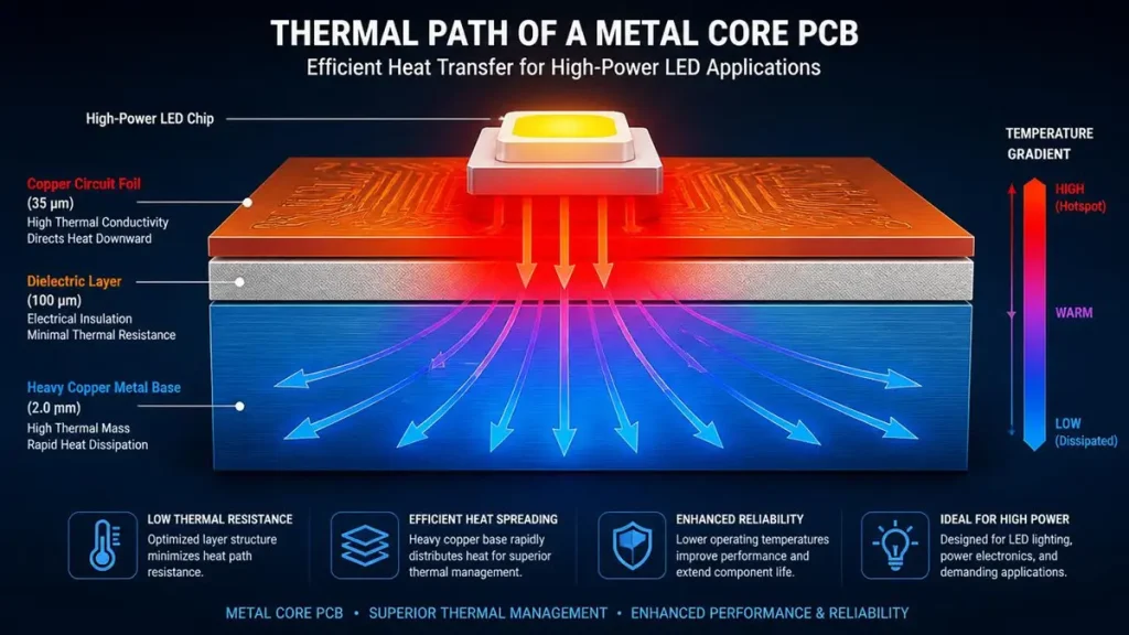 Technical infographic showing the heat transfer and thermal path of a copper base PCB for LED lighting, illustrating how heat flows from the high-power LED chip through the dielectric layer into the heavy copper metal base.