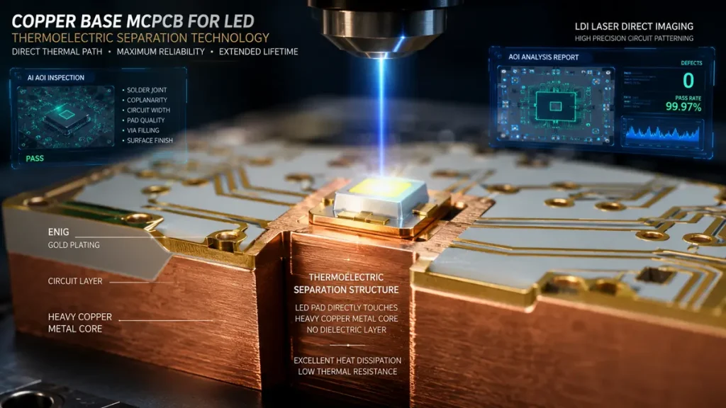 3D cross-section diagram of a high-conductivity copper base PCB for LED lighting, showcasing the thermoelectric separation structure where the LED pad directly touches the heavy copper metal core without a dielectric layer, alongside LDI laser and AI AOI scanning graphics.