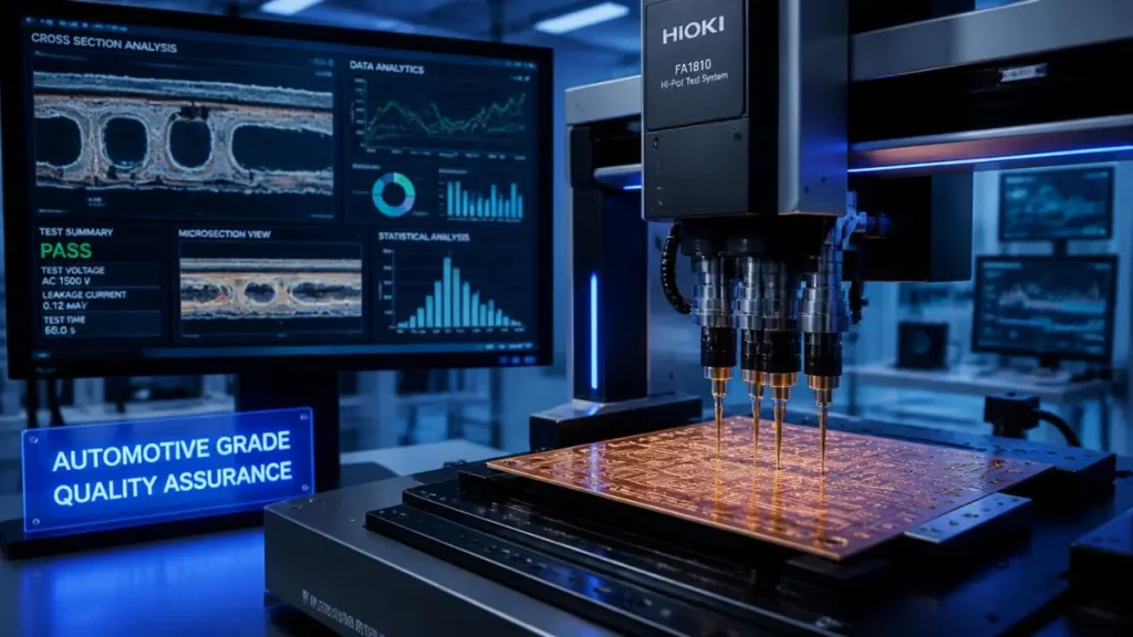 An automated Hi-Pot testing machine with robotic probes inspecting a copper base PCB in a quality control laboratory for 2026 supplier procurement evaluation.