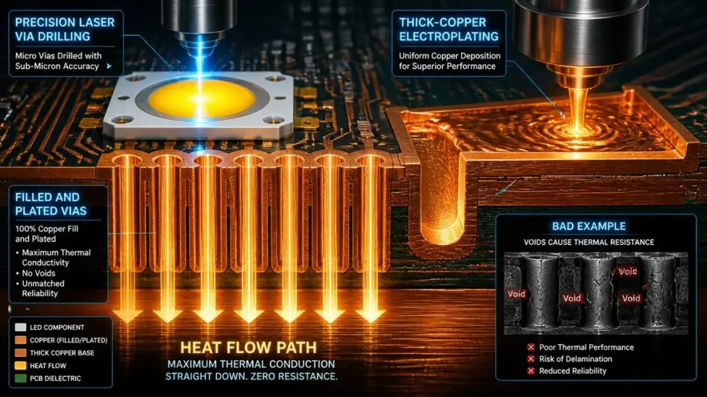 A conceptual industrial infographic illustrating advanced PCB manufacturing processes including precision laser via drilling, thick-copper electroplating, and filled thermal vias with a comparison to a bad example showing voids that cause thermal resistance.