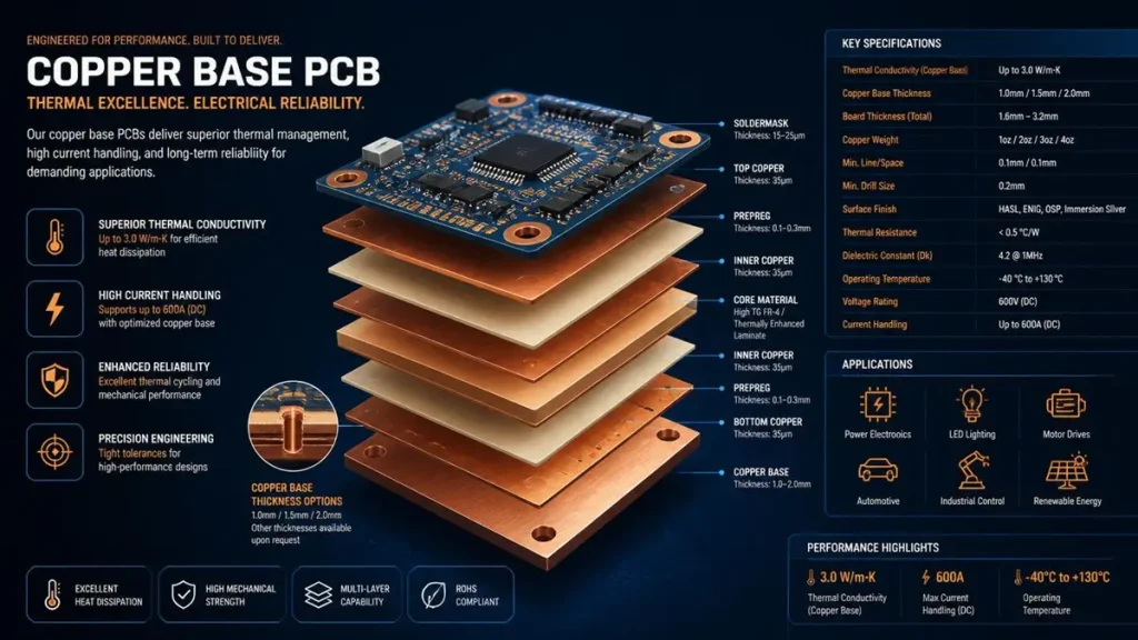 Professional 3D exploded view infographic of a copper base PCB by Shenzhen Hongda Circuit Technology, showcasing detailed layer specifications, thermal conductivity up to 3.0 W/m·K, and high-power electronic applications.