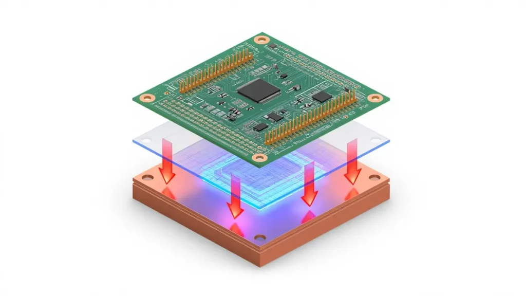 Exploded 3D diagram from an expert copper base PCB manufacturer showing the top circuit layer, dielectric insulating layer, and a thick solid copper base substrate with red arrows demonstrating the direct heat dissipation path.