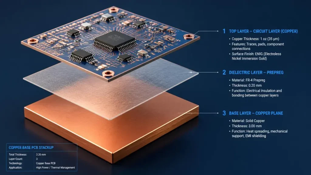 Copper base PCB manufacturing process showcasing a 3D exploded view of the three-layer structure including circuit layer, dielectric layer, and solid copper base.