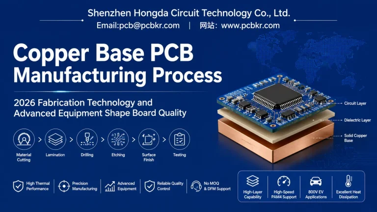 Copper base PCB manufacturing process showing the 3D stackup layer structure and 6-step fabrication flow.