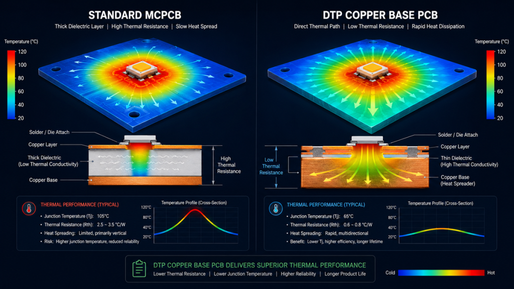 3D cross-section of a Copper Base PCB material featuring Direct Thermal Path (DTP) technology and an integrated copper pedestal for high-power cooling.