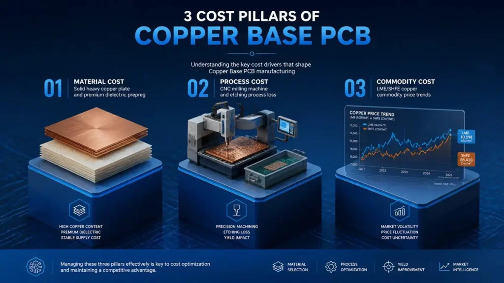 Industrial 3D infographic showing the 3 cost pillars of copper base pcb price structure, including heavy copper raw materials, CNC milling process loss, and LME/SHFE copper market trends.