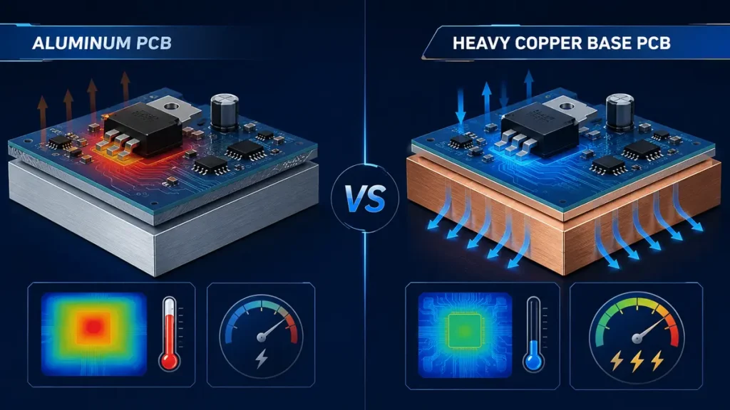 Technical diagram comparing aluminum PCB and heavy copper base PCB price value based on thermal dissipation and high current density.