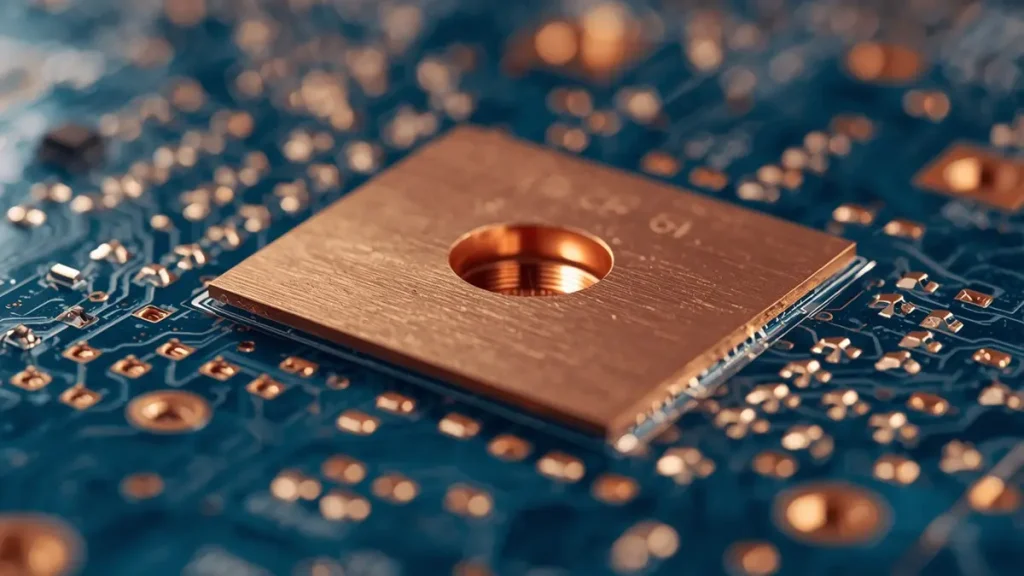 Macro close-up of a copper base PCB prototype showing precise drilling and heavy copper layer