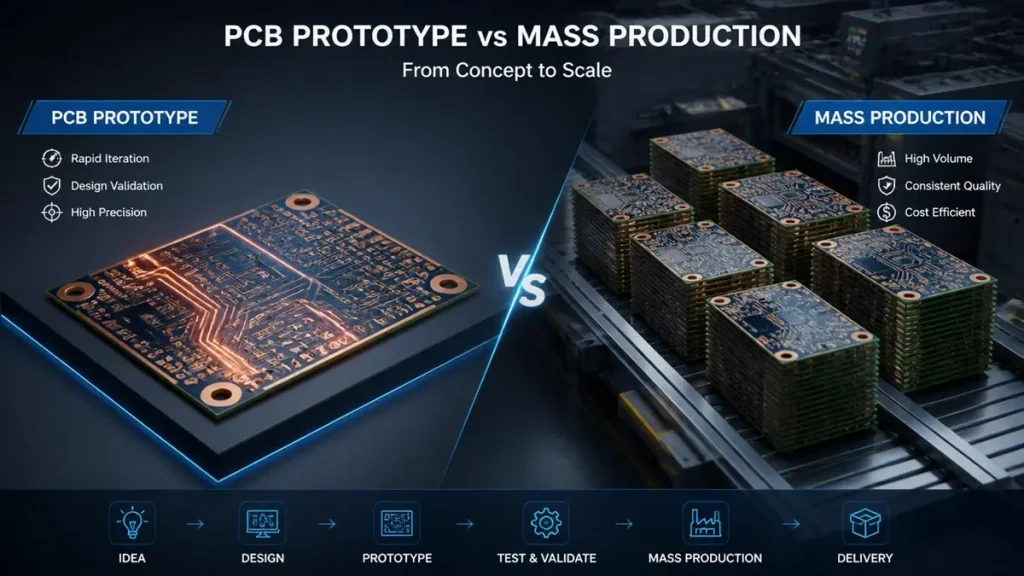 A professional 3D infographic comparing copper base PCB prototype development with high-volume mass production stages