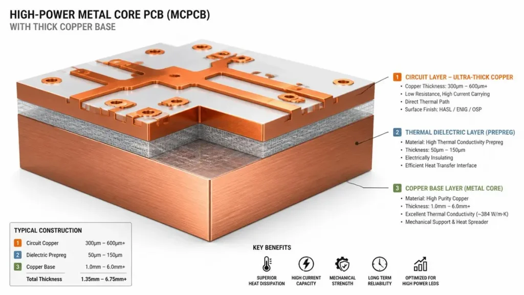 Guide to getting an accurate Copper Base PCB Quote featuring a detailed 3D stack-up of heavy copper circuit layers, thermal dielectric prepreg, and a thick metal core.