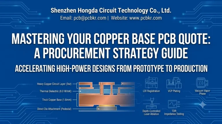 Technical article cover titled 'Copper Base PCB Quote: A Procurement Strategy Guide' by Shenzhen Hongda Circuit Technology Co., Ltd.. The blue image features white text, contact details [www.pcbkr.com](https://www.pcbkr.com), and schematics detailing heavy copper PCB cross-sections, LDI, VCP plating, and laser ablation processes.
