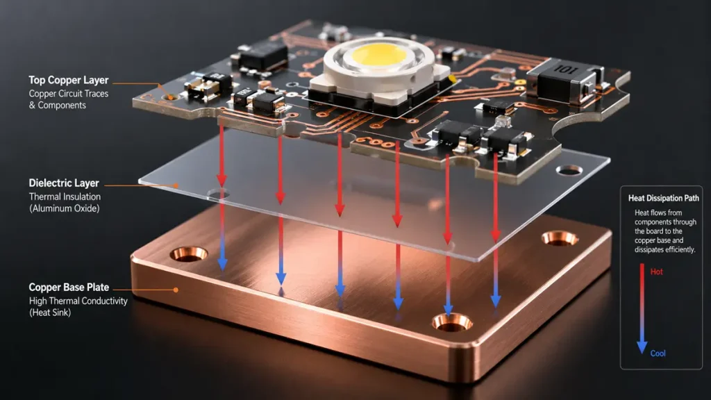 3D exploded view and cross-section of a copper base PCB by Shenzhen Hongda Circuit Technology, illustrating the vertical heat dissipation path from LED components through the dielectric layer to the thick copper base plate.