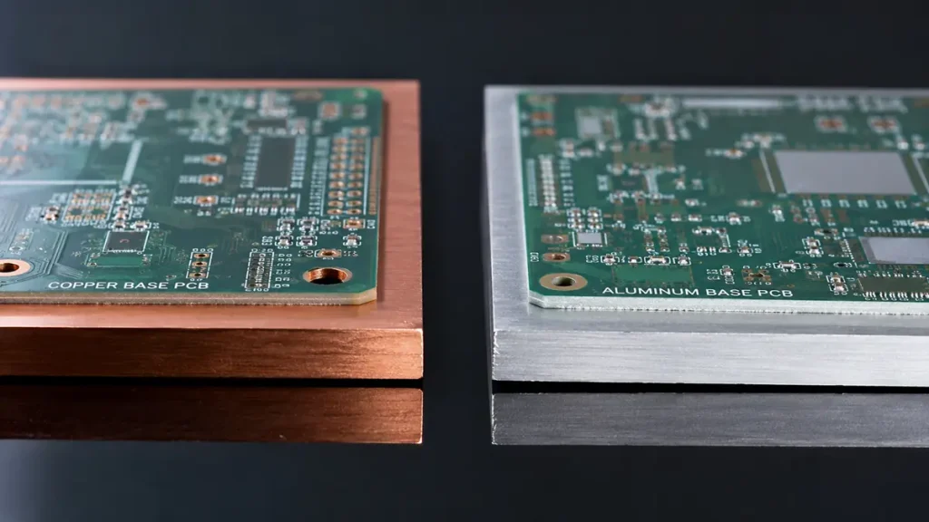 A side-by-side material comparison photography by Shenzhen Hongda Circuit Technology, displaying a premium heavy copper base PCB on the left and a standard aluminum base PCB on the right on a dark reflective surface.