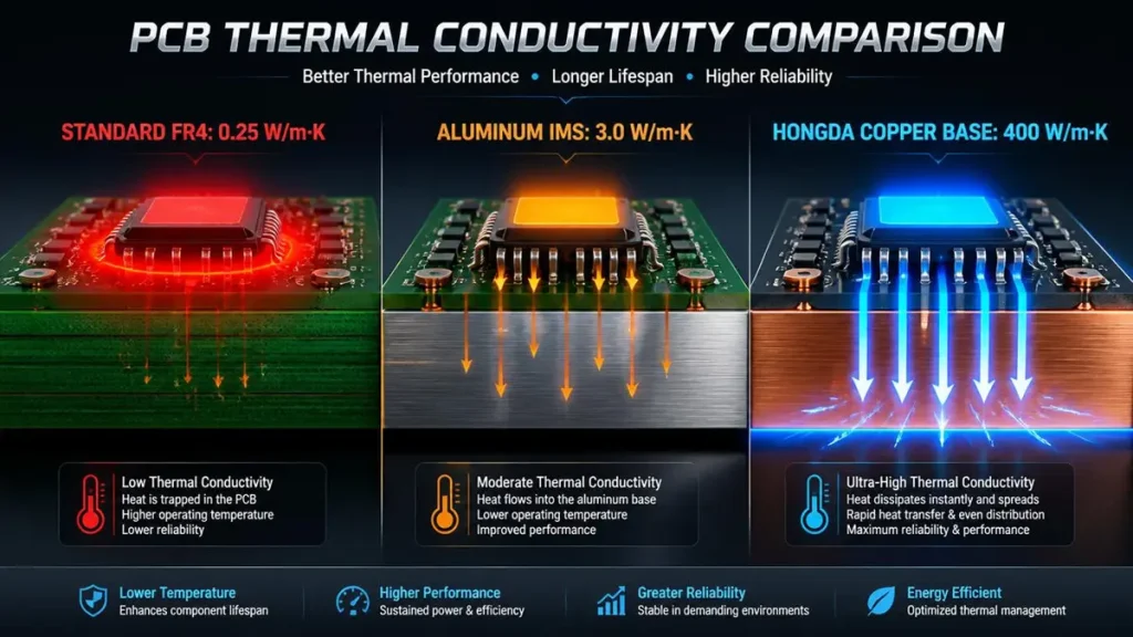 Technical 3D infographic comparing thermal conductivity of three substrate types for automotive and EV applications: Standard FR4 at 0.25 W/mK with high trapped heat, Aluminum IMS at 3.0 W/mK with moderate heat dissipation, and Hongda Copper Base PCB at 400 W/mK showing ultra-high vertical heat transfer and cool chip junction temperature.