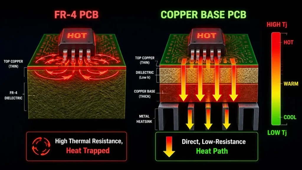 A side-by-side thermal performance comparison diagram showing a standard FR-4 PCB on the left trapping heat with high thermal resistance, and a copper base PCB on the right utilizing a thin dielectric and thick copper substrate to provide a direct, low-resistance heat dissipation path to a metal heatsink.