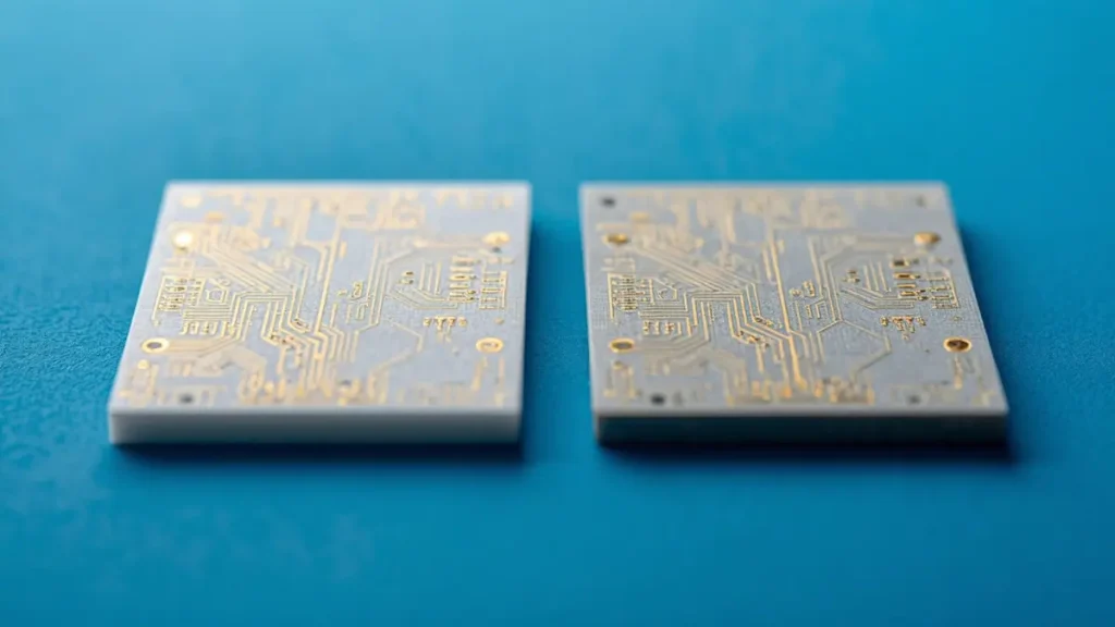 Custom ceramic circuit board comparison showing white Alumina and light-gray Aluminum Nitride substrates with intricate golden traces on a blue background.