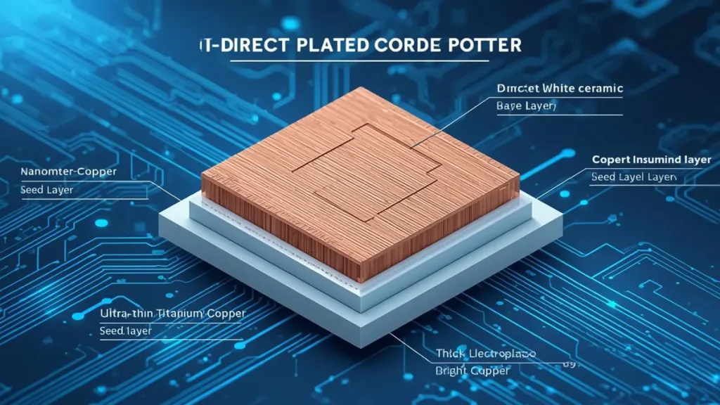 A 3D isometric cross-section diagram of a custom ceramic circuit board explaining the DPC process with a white ceramic base, titanium-copper seed layer, and electroplated copper on a blue tech background.