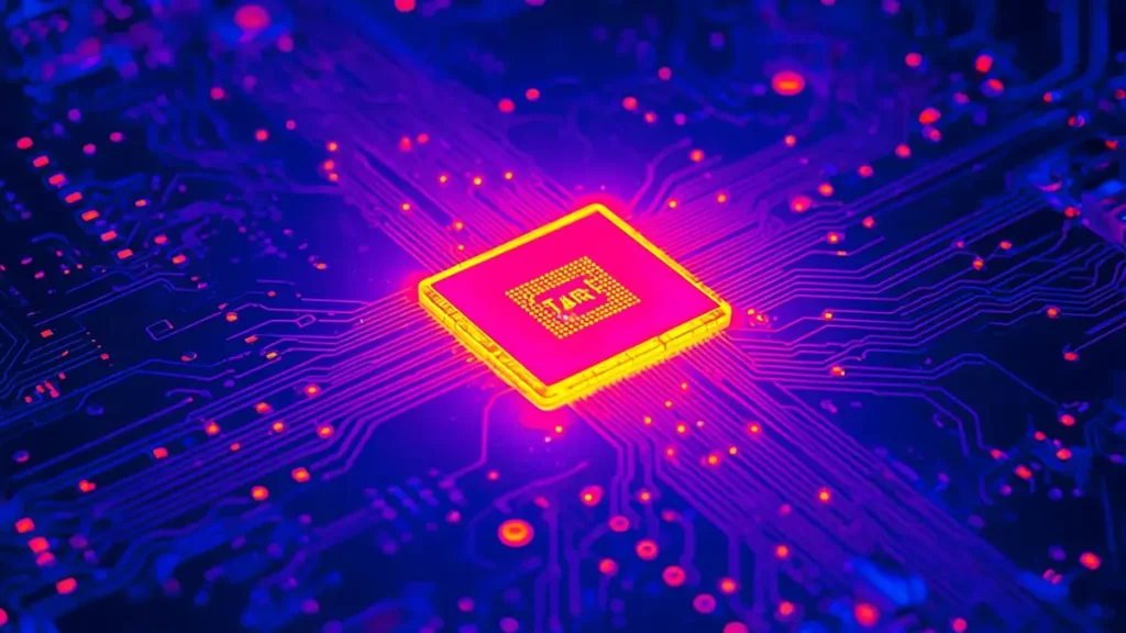 Engineering thermal imaging visualization of a custom ceramic circuit board, showing high heat concentrated in the center chip spreading into cool blue zones via an AlN substrate