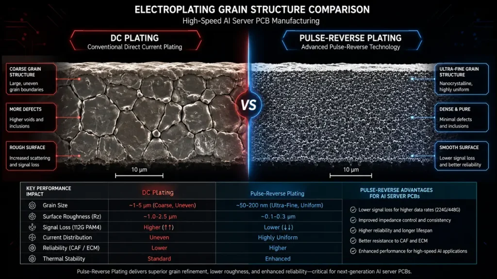 Microscopic SEM comparison of electroplating grain structures: Left side shows coarse, uneven grains from conventional DC Plating; right side shows dense, ultra-fine nanocrystalline structure from Pulse-Reverse Plating with detailed performance matrix for PCIe Gen 6 and 224G PAM4 applications.