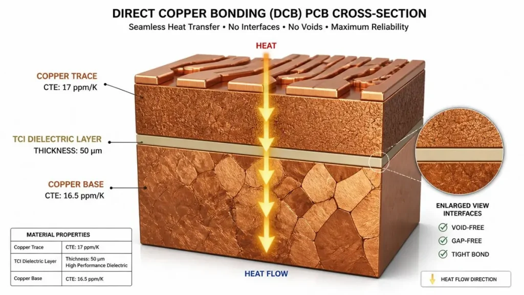 High-precision 3D microscopic cross-section diagram of a Direct Copper Bonding (DCB) PCB, showing a 50-micron TCI dielectric layer sandwiched between a copper trace with 17 ppm/K CTE and a heavy copper base with 16.5 ppm/K CTE, showcasing void-free and gap-free thermal interface bonding