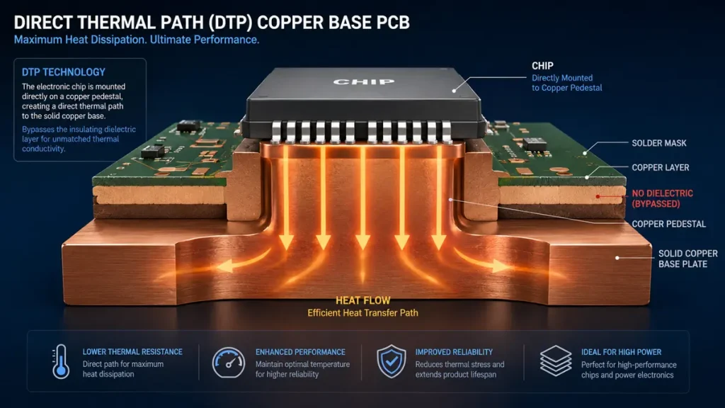 A 3D technical cross-section diagram for copper base PCB procurement, illustrating the Direct Thermal Path (DTP) with a chip mounted on a copper pedestal and clear downward heat flow.