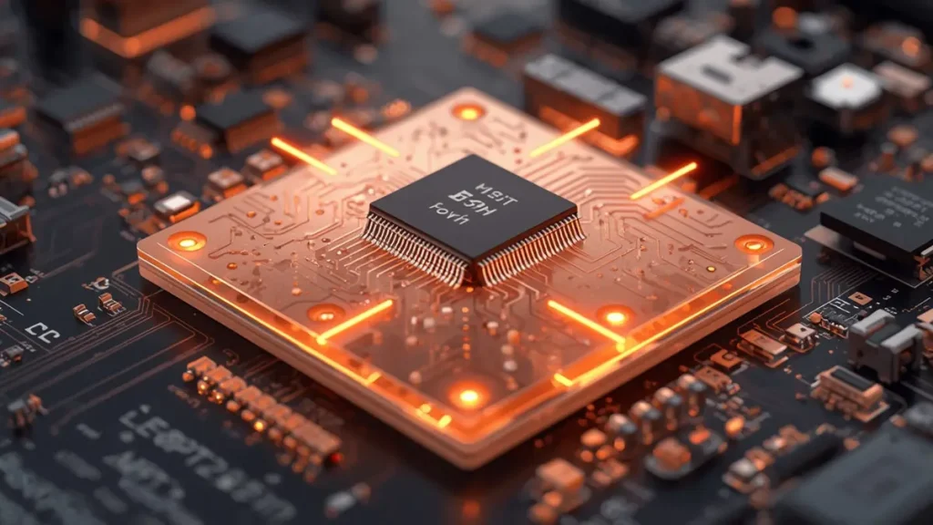 Macro 3D rendering of an electronic chip mounted directly on a DTP copper base PCB pedestal with glowing orange heat transfer paths.