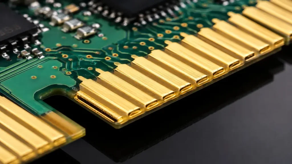 Macro photograph of electrolytic hard gold plated edge connector fingers on a high-reliability printed circuit board (PCB) with green solder mask, showing durable yellow gold contacts designed for repeated insertion cycles.