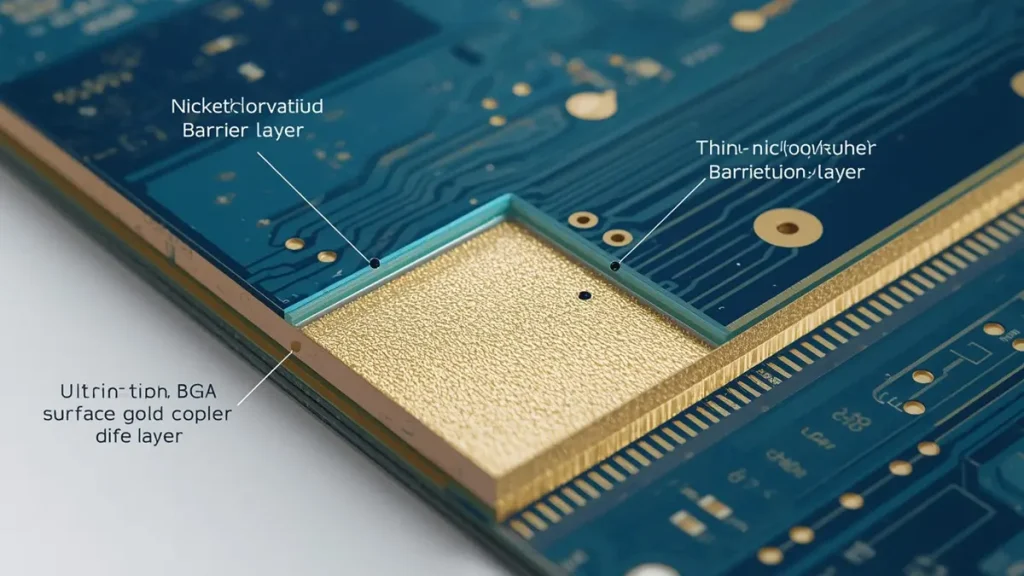 Microscopic 3D cross-section diagram of an ENIG PCB surface finish showing the smooth copper base, thin nickel-phosphorus barrier layer, and ultra-thin surface gold layer optimized for high-density SMT and fine-pitch BGA soldering.
