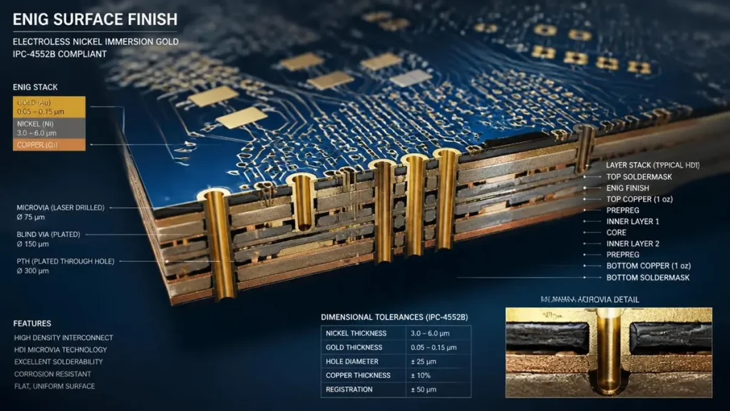 IPC-4552B compliant ENIG PCB surface finish cross-section illustrating microvia structure, 0.05-0.15 µm gold thickness, and 3.0-6.0 µm nickel layer