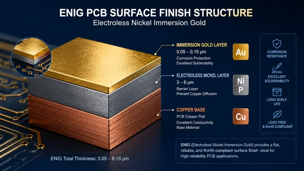 3D cross-section diagram of ENIG PCB surface finish structure, showing immersion gold layer (0.05-0.15 µm), electroless nickel-phosphorus layer (3-6 µm), and copper pad base.