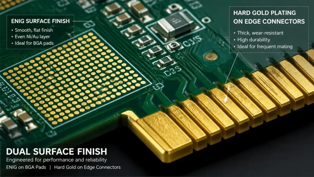 High-reliability green PCB showing ENIG surface finish on BGA pads for solderability and electroplated hard gold on edge connectors for wear resistance