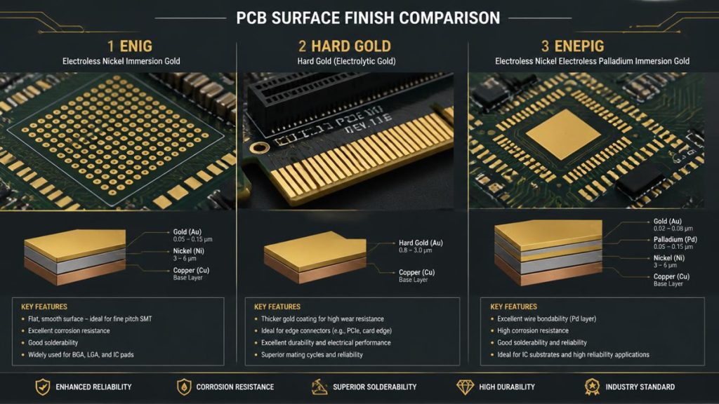 Engineering side-by-side comparison diagram of ENIG, Hard Gold, and ENEPIG PCB surface finishes showing layer structures, metallic thickness specifications, and SMT BGA application features.