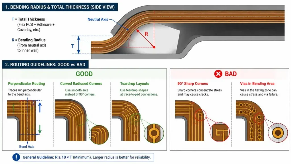 Flex PCB design guide diagram illustrating bending radius (R) vs total thickness (T) formula R>=10T, and flexible circuit board routing guidelines comparing good vs bad practices including perpendicular routing, curved corners, teardrop layouts, and avoiding 90-degree sharp corners or vias in bend areas.