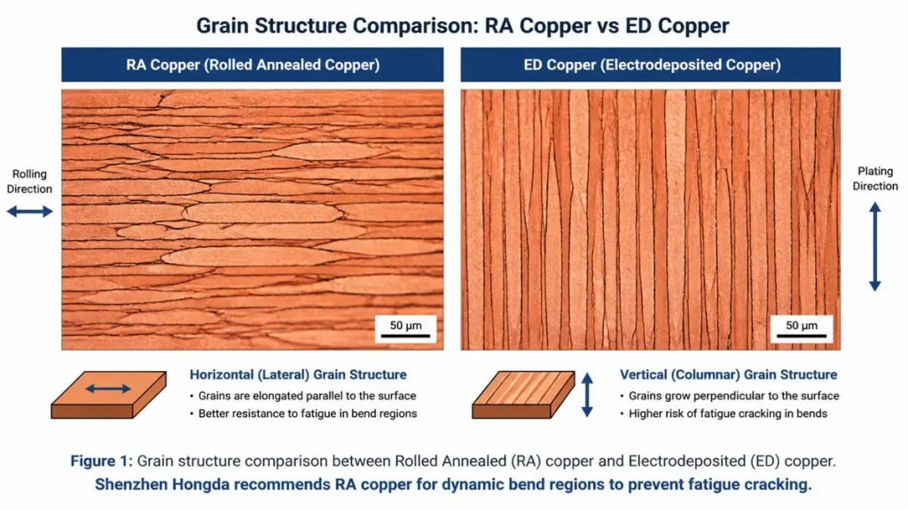 Flex PCB materials guide: grain structure comparison diagram showing horizontal RA copper versus vertical ED copper foils.