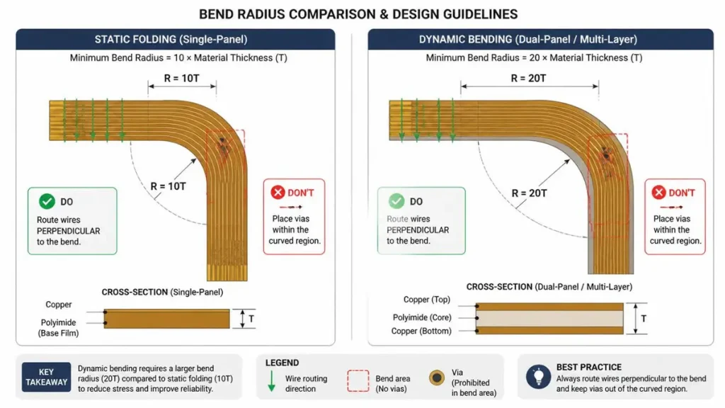 Technical diagram for flex PCB design comparing static folding bend radius (10T) versus dynamic bending (20T), illustrating correct perpendicular trace routing and prohibited via placements in the bend area.