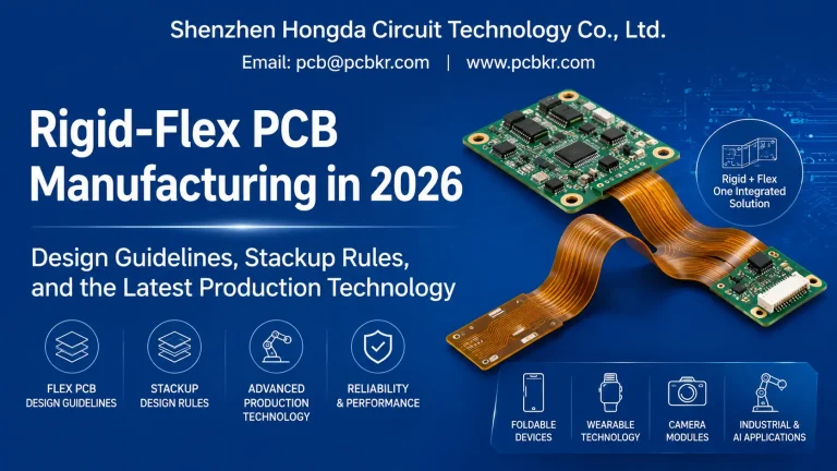 Comprehensive guide to flex PCB design and rigid-flex manufacturing by Shenzhen Hongda Circuit Technology, featuring 2026 layout rules for foldable devices and camera modules.