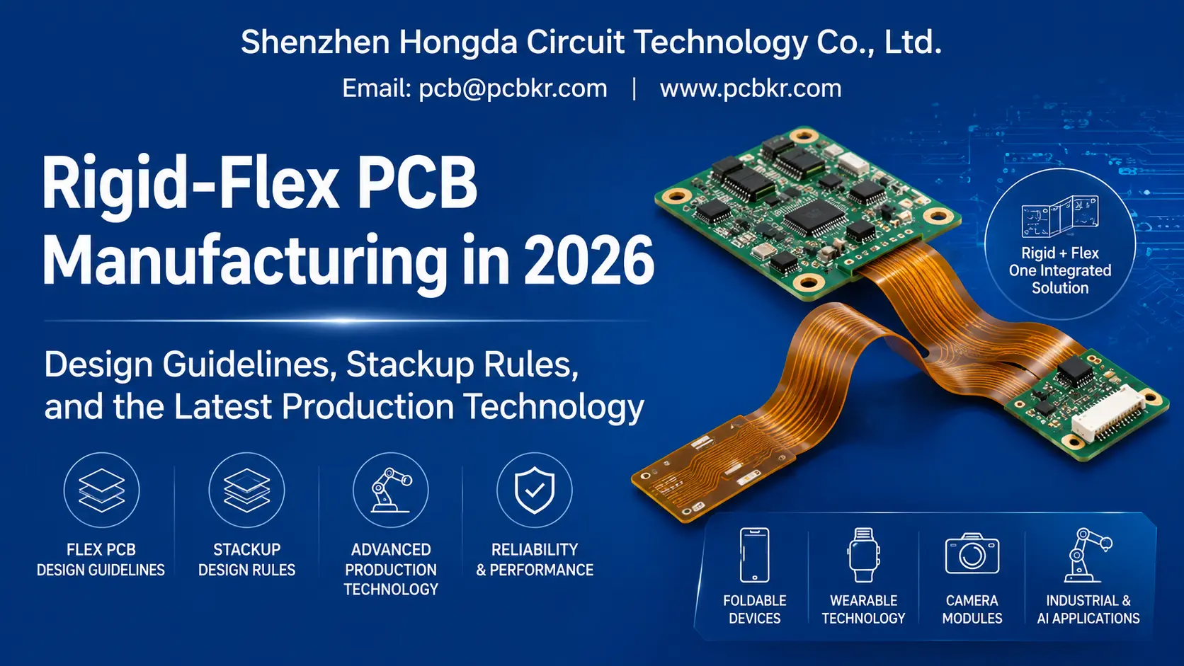 Comprehensive guide to flex PCB design and rigid-flex manufacturing by Shenzhen Hongda Circuit Technology, featuring 2026 layout rules for foldable devices and camera modules.